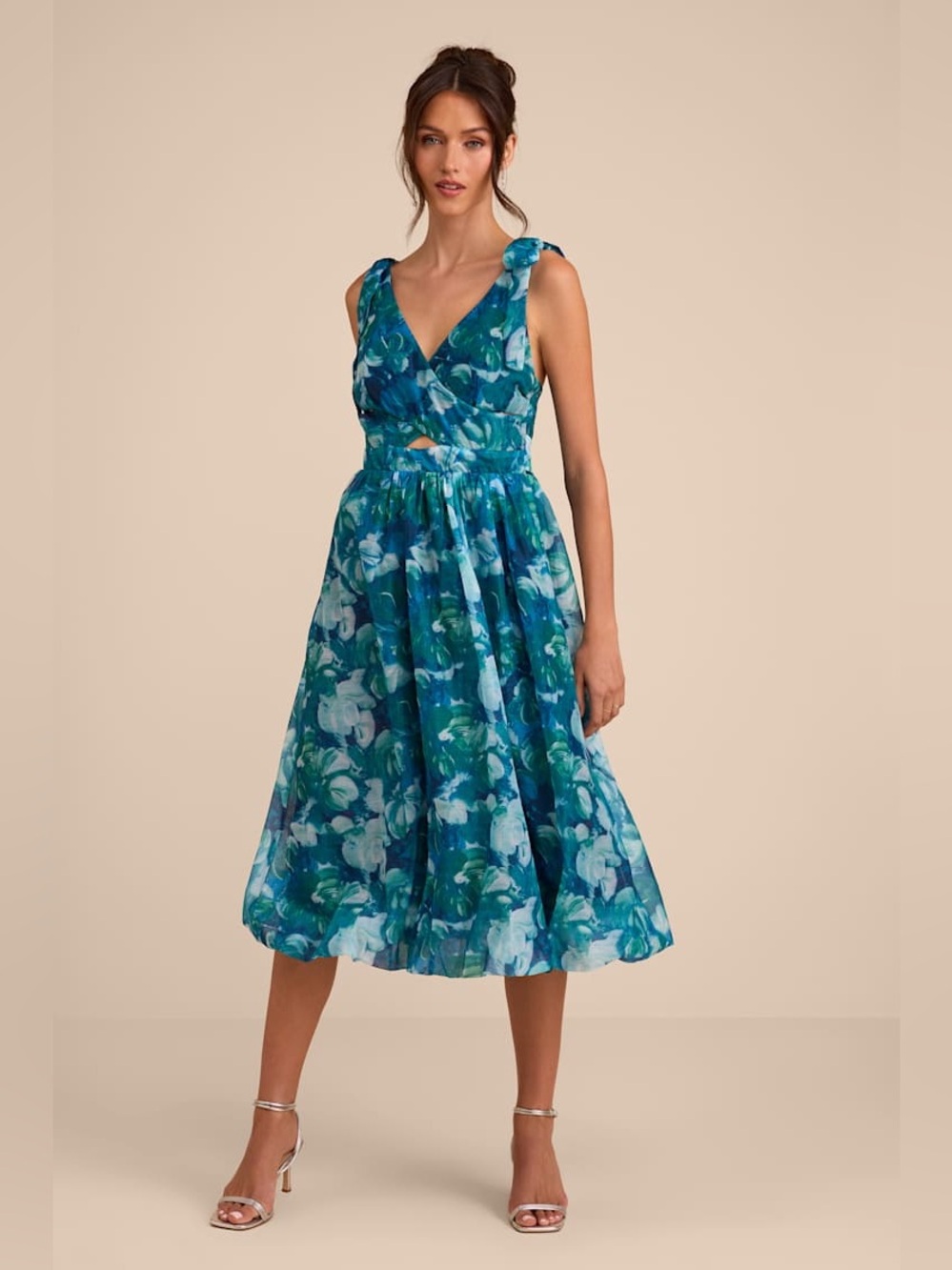 NEW! Lulus Flowering Day Dream Teal Blue Floral Organza Midi Dress | Size M